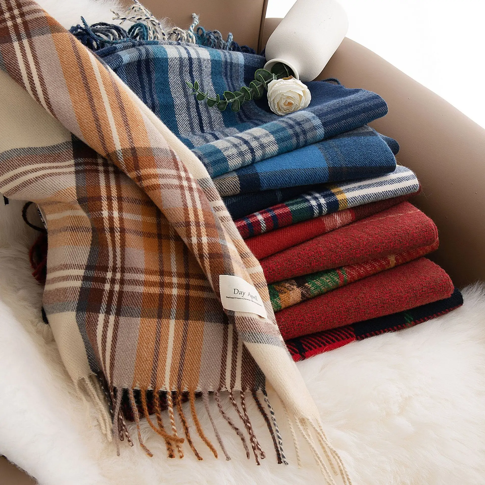 New Christmas Plaid Scarf Women Warm Imitation Cashmere Tassel Women's Scarves Fashion Commuter Shawl Merry Christmas Gifts