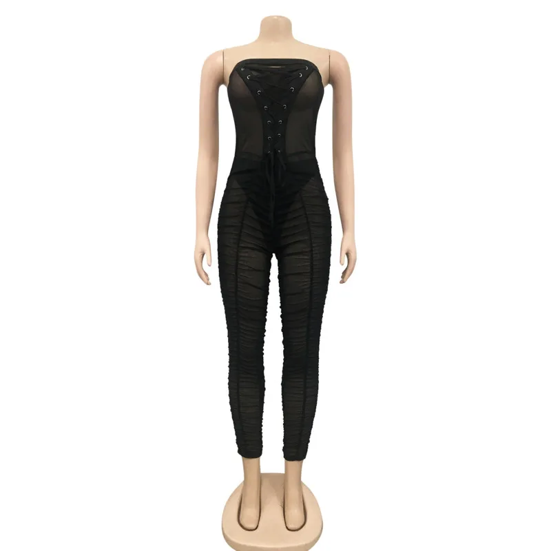 

#6104 Summer See Through Jumpsuits Women Strapless Long Jumpsuits Bandage Sexy Party Clubwear Backless Perspective Body Femme