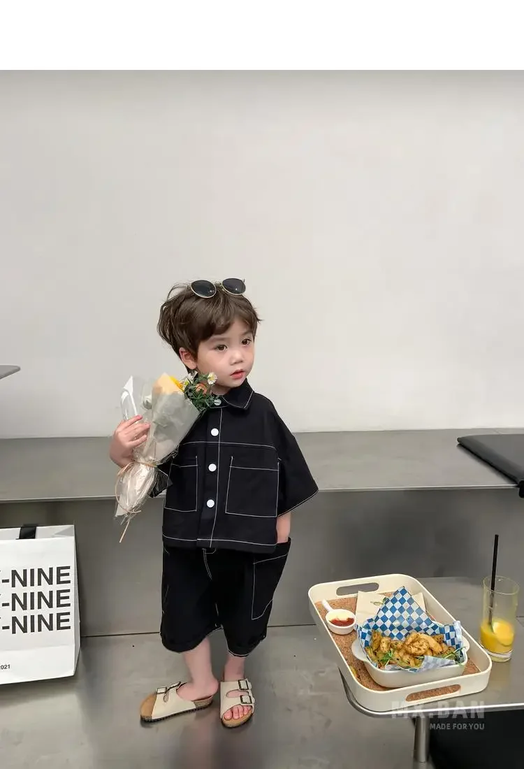2-9Y Boys Girls Workwear Style Short Sleeve Cotton Set Summer Baby Fashion Korean Two Piece Casual Shirt+Shorts Outfits