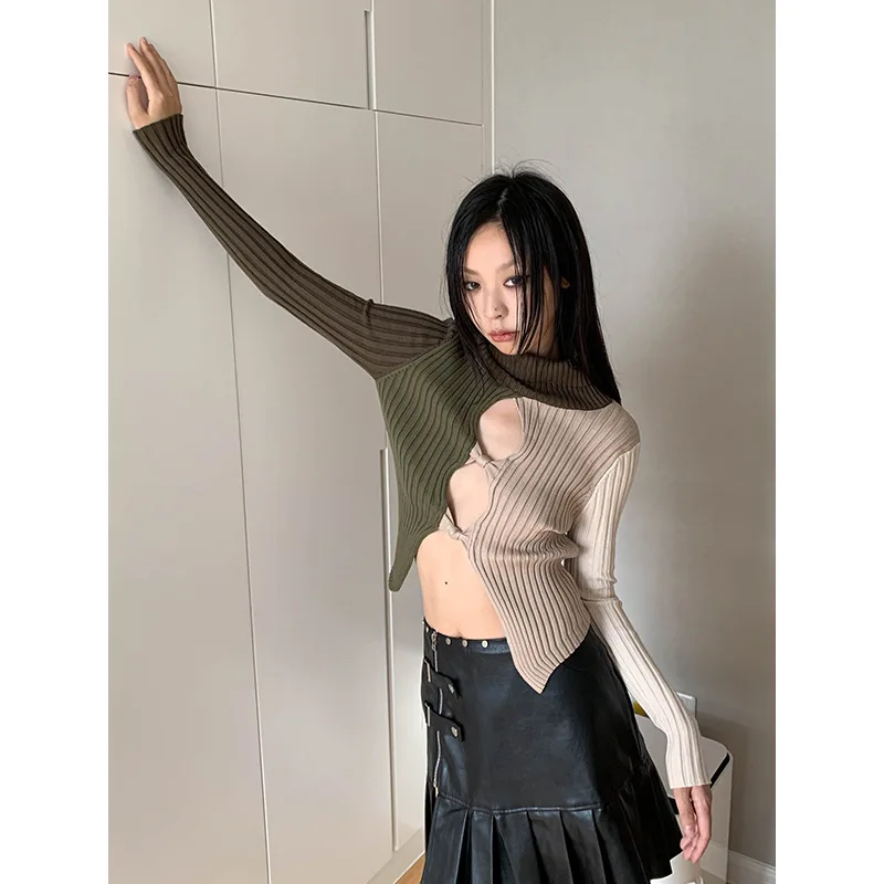 

2022 Spice Girl Style Colorblock Fashion Hollow Top Turtleneck Slim Knit Sweater Women's Spring and Autumn