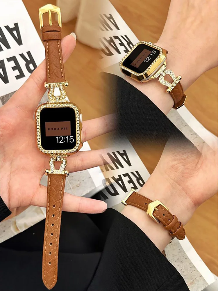 

Бриллиантовый кожаный ремешок для Apple Watch Band 44 мм 45 мм 38-42-40-41 мм, Роскошный дизайнерский браслет для iwatch series 8 7 SE 6 5 4 Ultra 49 мм