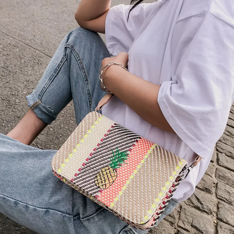 2023 Summer New Women Crossbody Bags Korean Style Striped Straw Bag Vintage Embroidery Pineapple Smallholuder Messenger Flap Bag