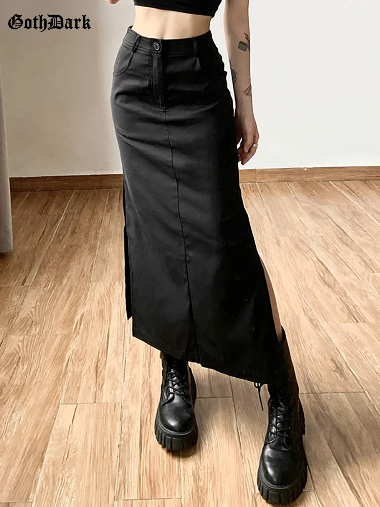 Goth Dark Grunge Casual Tag Split Women Midi Skirts Mall Gothic Punk High Raise Slim Long Skirt Y2k Sexy Fashion Streetwear 2023 goth dark techwear fashion zip up midi dresses cyber y2k mall gothic split women tube dress partywear punk off shoulder outfits