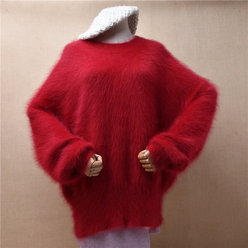 

Female Women Fall Winer Clothing Red Hairy Mink Cashmere Knitted O-Neck Long Batwing Sleeves Loose Pullover Jumper Sweater Pull