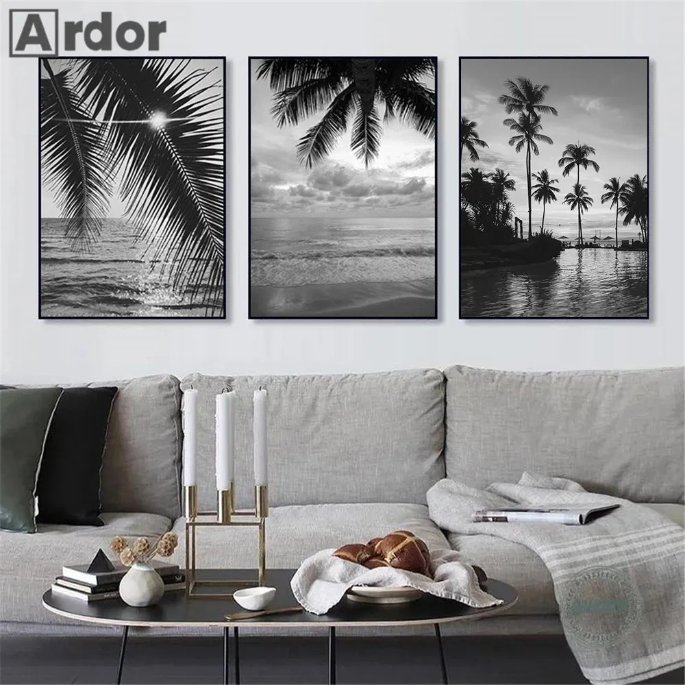 Monochrome Palm Tree and Sea Waves Beach Canvas Art - Nordic Coastal Wall Decor