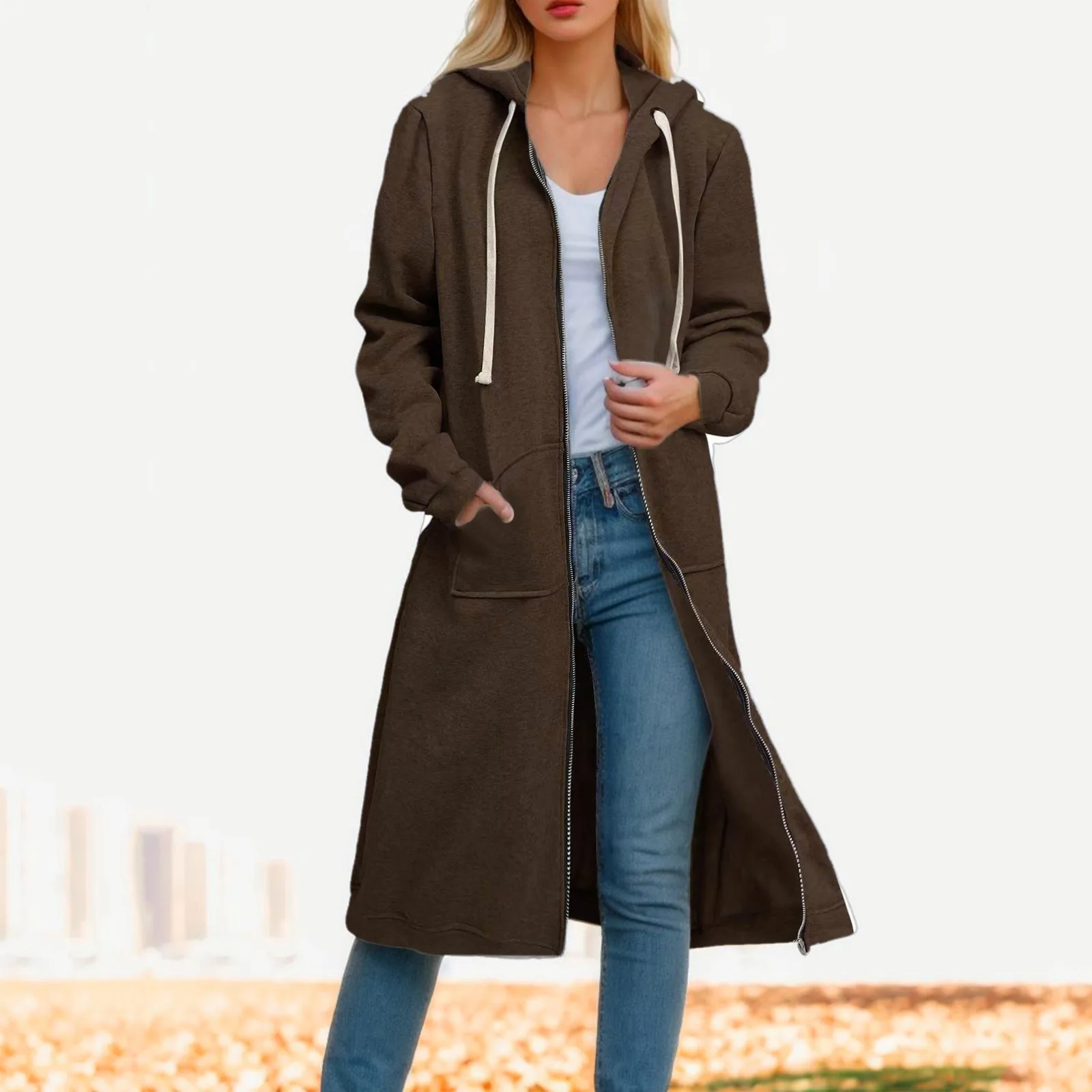 

Autumn Winter Casual Women Trench Coat Loose Long Sleeves Long Hoodies Hooded Zip Up Jacket Oversized Winter Coat Outerwears