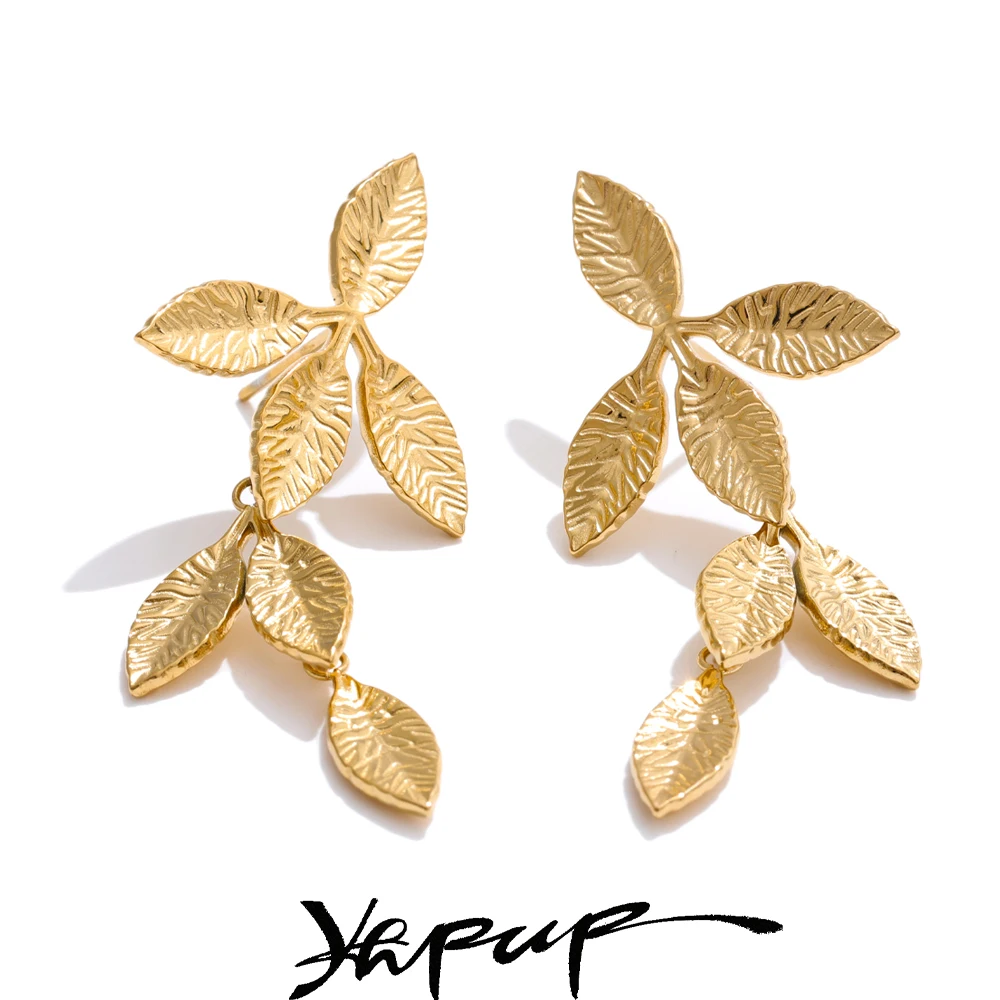 Yhpup Stainless Steel Metal Leaf Drop Earrings for Women