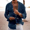 New Men's Long Sleeve Cotton Linen Shirt Pure Color Collar Casual Style Shirt Comfortable Breathable Men's Fashion Top