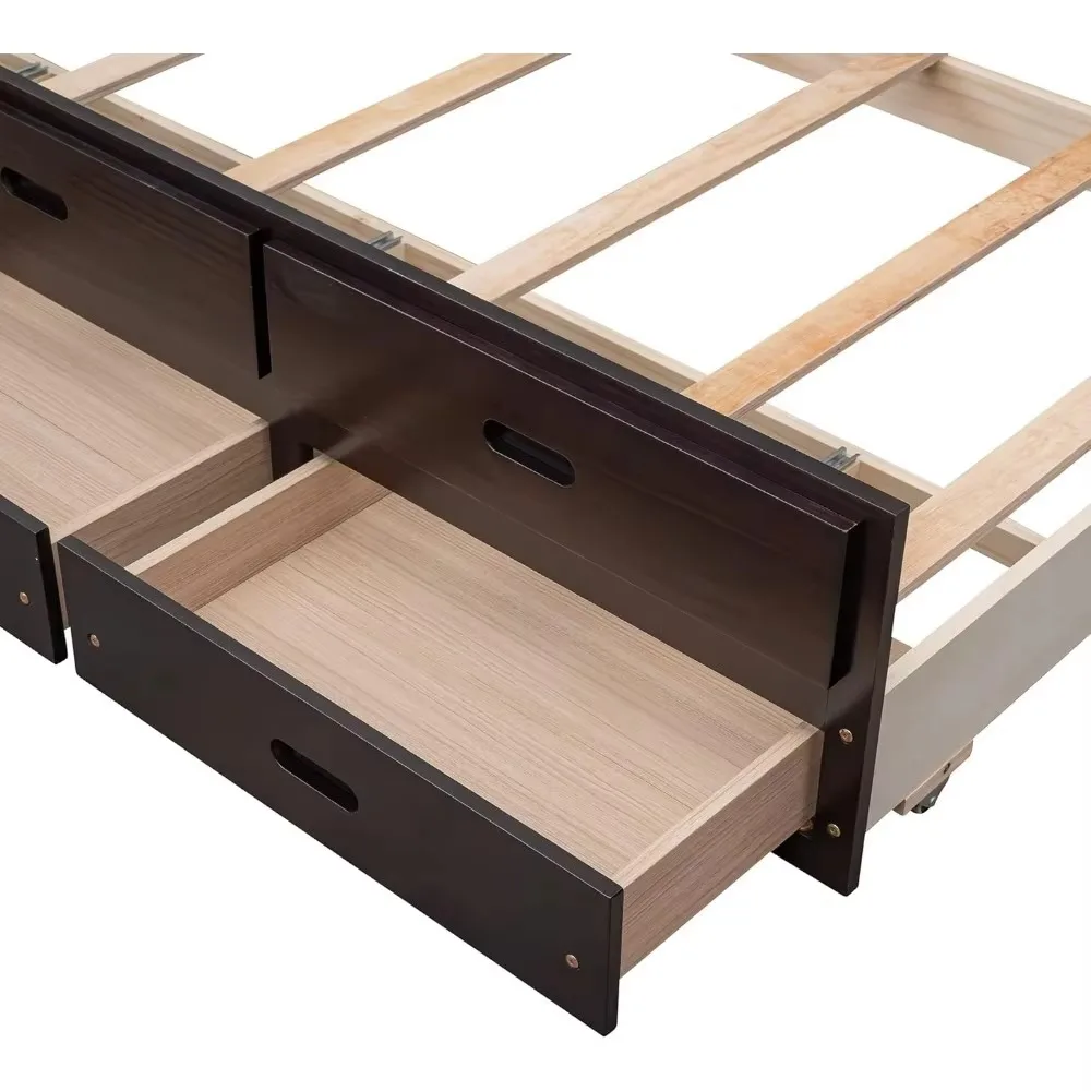 Twin Over Full Bunk Bed with Twin Size Trundle and 3 Storage Drawers, Solid Wood Bunk Bed Frame with Ladder, Children Beds 3