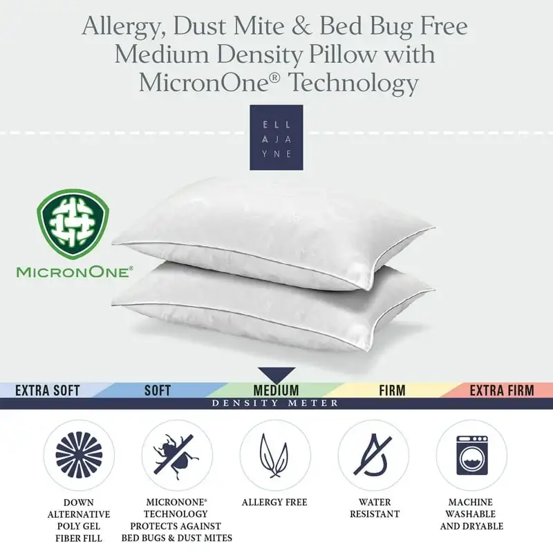 

Dust Mite, Bedbug, Allergen-Free Down Alternative Pillow, Medium Density, for All Sleep Positions, Set of 2 - Queen