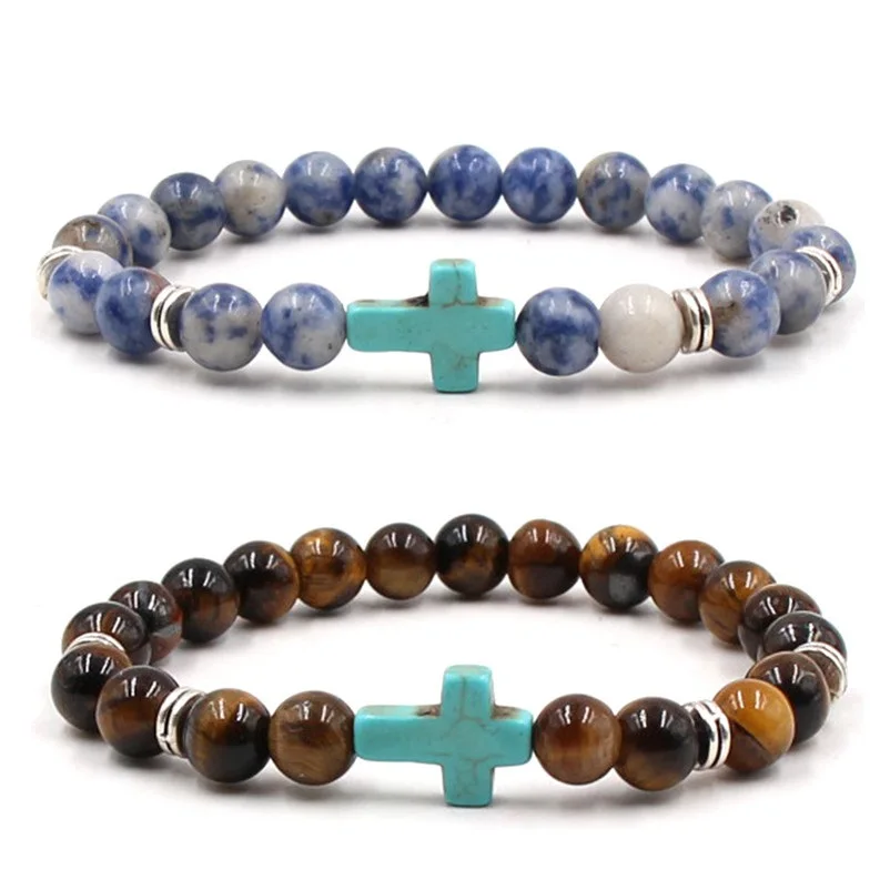 

12PCS Cross Charm Blue Beaded Men Bracelets 8mm Natural Stone Tiger's Eye Sodalite Bracelets Bangles for Women Yoga Jewelry