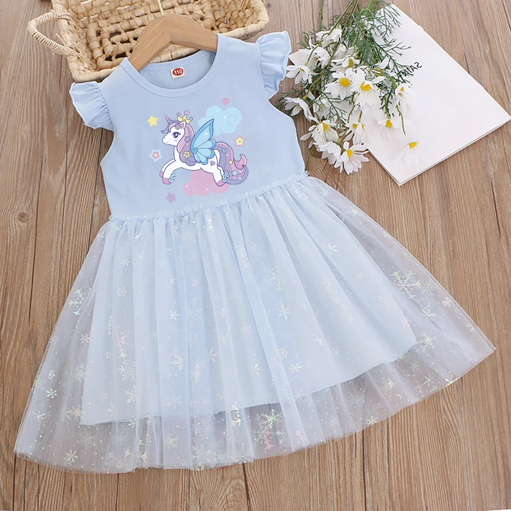 Robe Licorne Enfant Bleu Ciel avec Jupe en Tulle Pailleté