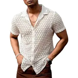 Men's Spring/Summer Lace Short - Sleeve See - Through Shirt - Party & Casual Streetwear - XXL (White)