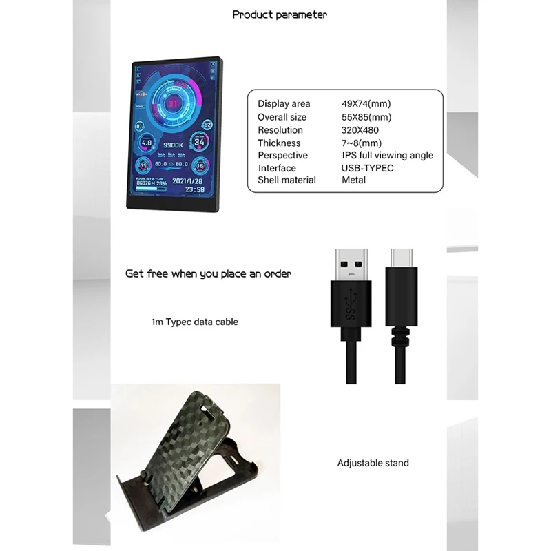 미니 ITX 케이스용 컴퓨터 모니터, 3.5 인치 IPS TYPE-C 보조 화면, CPU GPU RAM HDD USB 디스플레이, AIDA64 자유