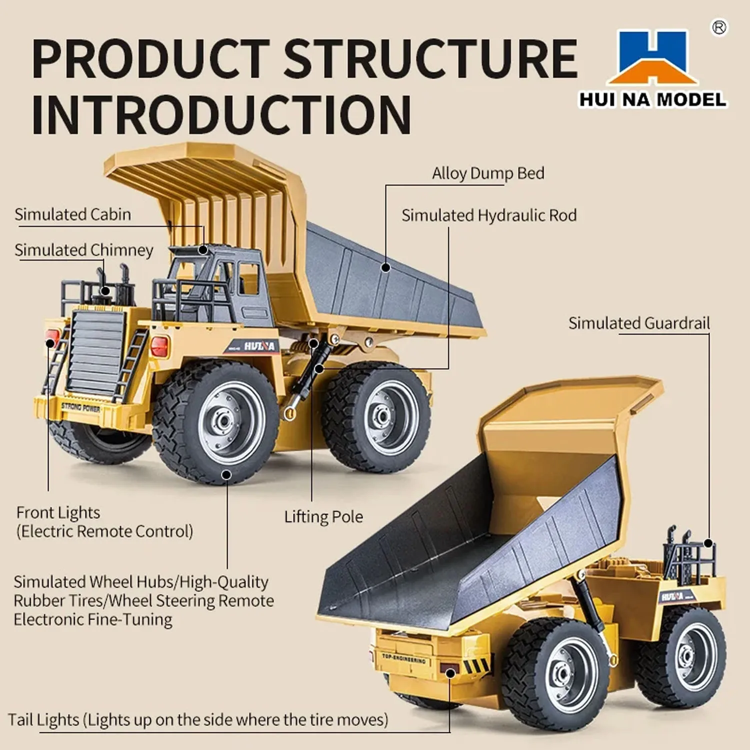 HUINA 1/18 스케일 1533 조립식 덤프트럭 RC 무선 조종 팁퍼 차량 2.4G 광산용 자동차 야외 모델 장난감