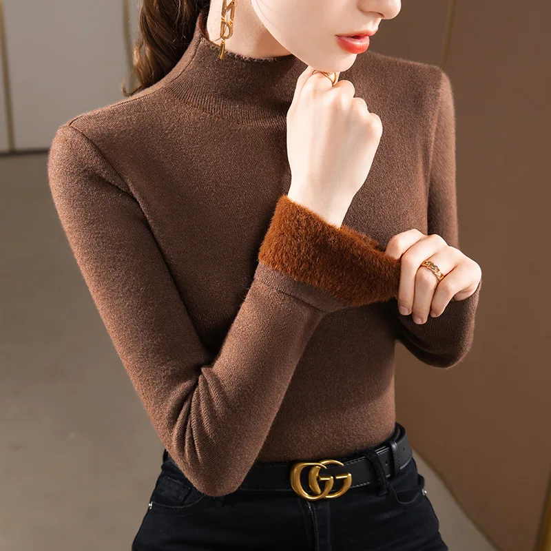 

Ladies Half Turtleneck Women's Knitwear Shirt Solid Color Thicken Plus Velvet Sweater Keep Warm Inner Wear Tops