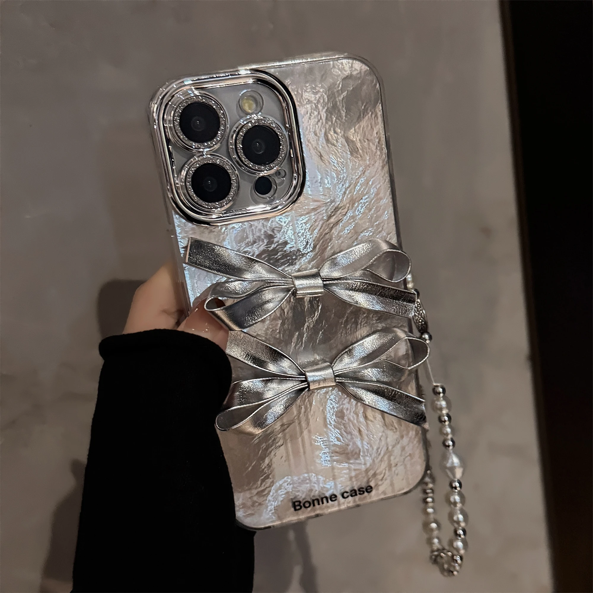 Ins Electroplated Silver Edge 3D Two Bowknots Bracelet Phone Case for iPhone 16 15 14 13 12 Pro Max 11 Back Cover Funda