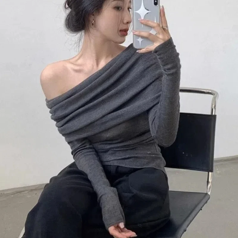 Autumn and Winter One Shoulder Sweater for Women Large Collar Off Shoulder Gentle Temperament Long Sleeve Knitted Sweater 132