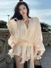 Elegant V-neck Long Sleeve Belt Female Evening Party Dresses Fashion Pleated Mini Dress for Women 2025 Spring New Lady Vestidos 4