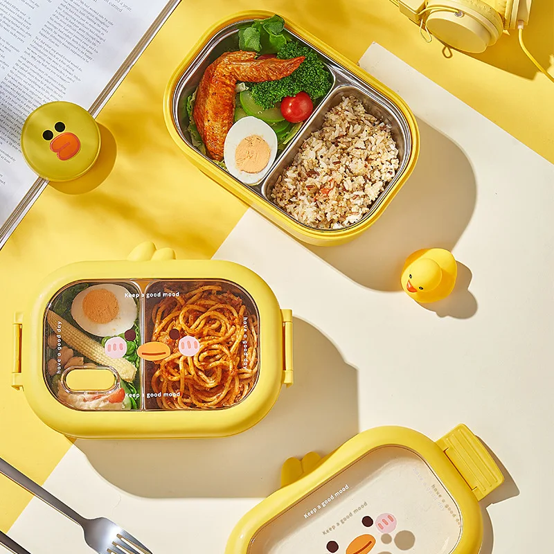 새로운 귀여운 마이멩 오리 스테인리스 도시락, 창의적인 어린이용 칸막이 보온 도시락, 휴대용 직장인 도시락
