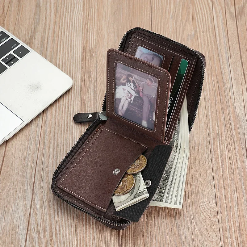 Leather Men&rsquo;s Wallet Luxury Mens Purse Male Zipper Card Holders with Coin Pocket Rfid Wallets Gifts for Men Money Bag