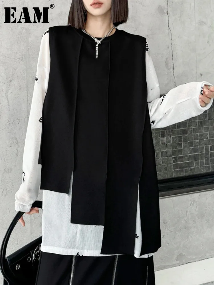 

[EAM] Women Black Irregular Hem Shaped Big Size Casual Vest New Round Neck Sleeveless Fashion Tide Spring Autumn 2024 1DH5135
