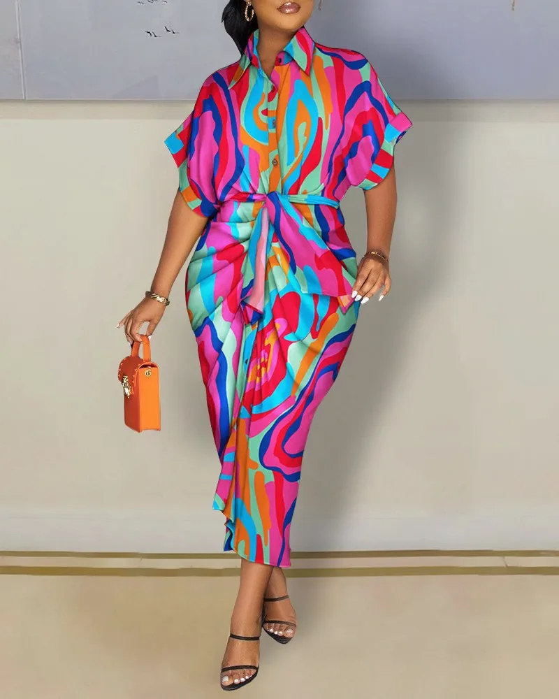 

Spring Summer New Dresses For Women Printed Single-breasted Leace-up Belt Slim Shirts Long Dress Casual Bohemian Style Vestidos