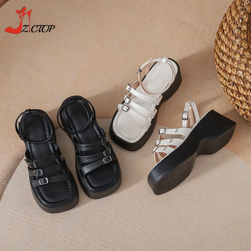 Chunky Platform Shoes Women's Sandals 2024 Summer Thick Soled Wedges Roman Shoes Women Comfortable Beach Sandals