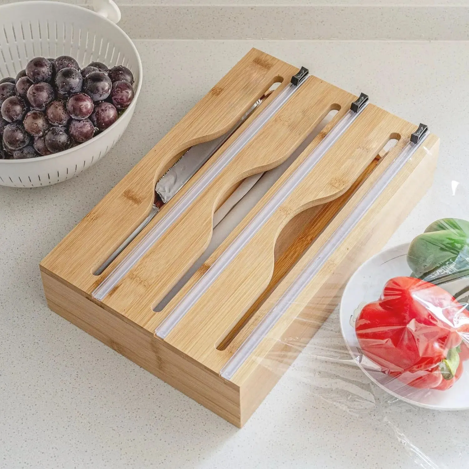 cling film cutter plastic wrap cutter Cling Film Cutter Minimalist Wall Mounted Bamboo Kitchenware Multi Compartment Multi Layer Hidden Scratchers Two Way Cutter 1pc