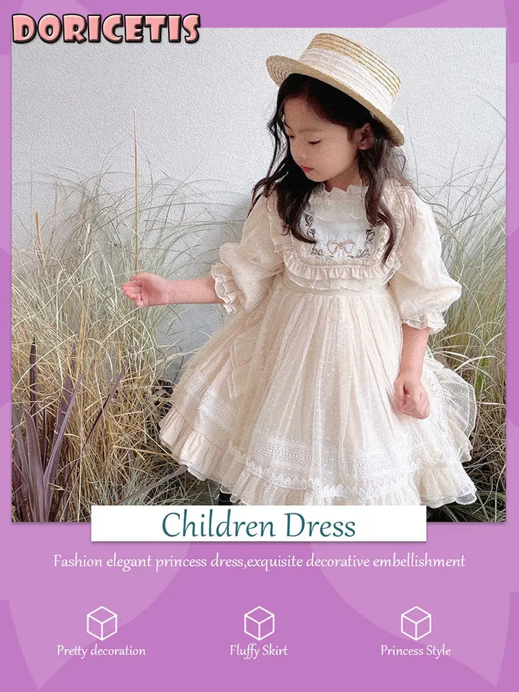 

Children Dress Cute Embroidery Pattern Bowknot Decoration Mesh Fluffy Skirt Little Girl Join Party Lolita Style Princess Dress