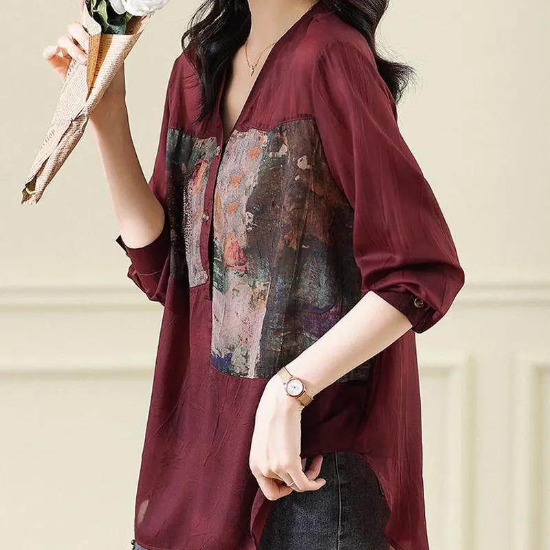 Fashion Loose Printed Spliced Blouse Burgundy Casual Commute V-Neck Button Women's Clothing Korean 2023 Spring Long Sleeve Shirt