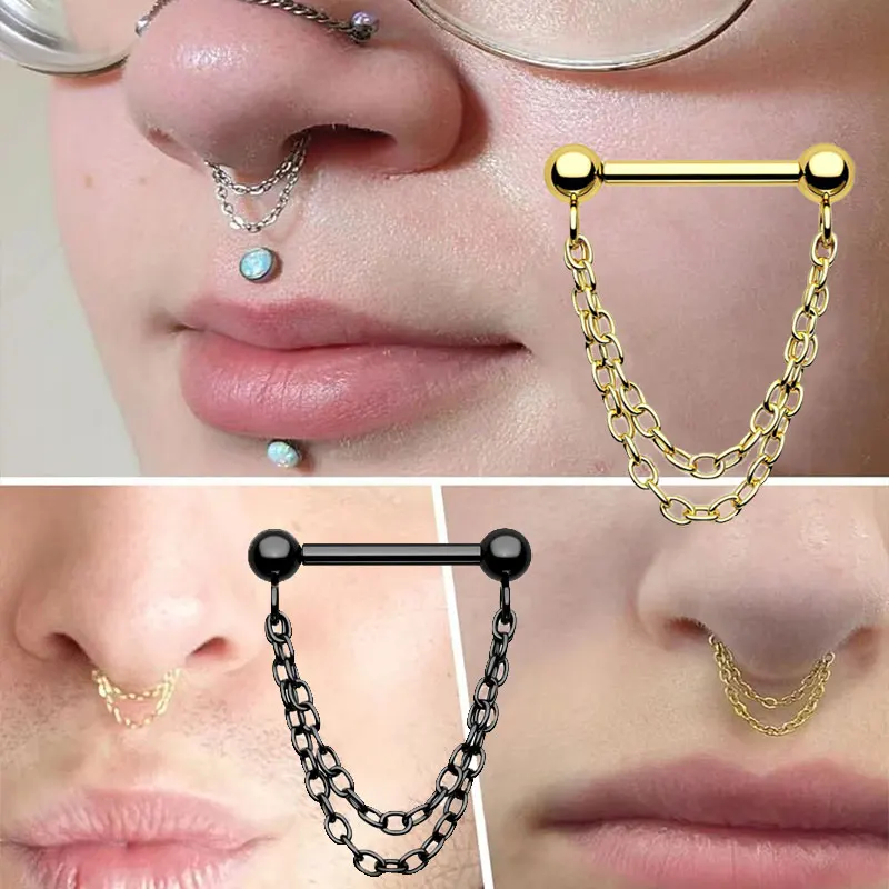 1pcs Black steel chain nose ring with stainless steel puncture 16G European and American punk style fashion jewelry
