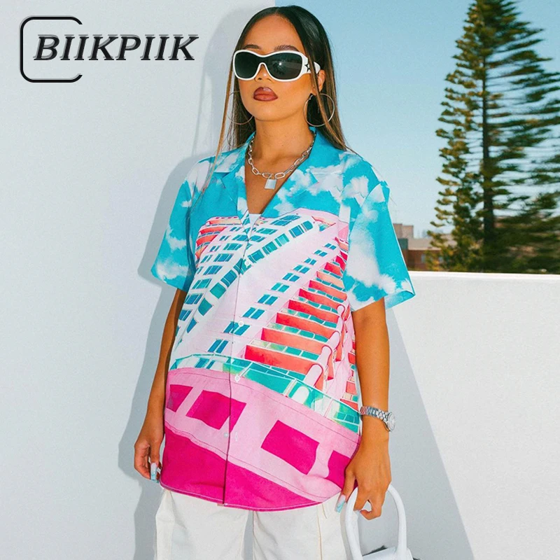 

BIIKPIIK Summer Blouses Women Print Buttons Short Sleeved Turn Down Collar Tops Shirt Oversized Streetwear Sporty Casual Tshirts