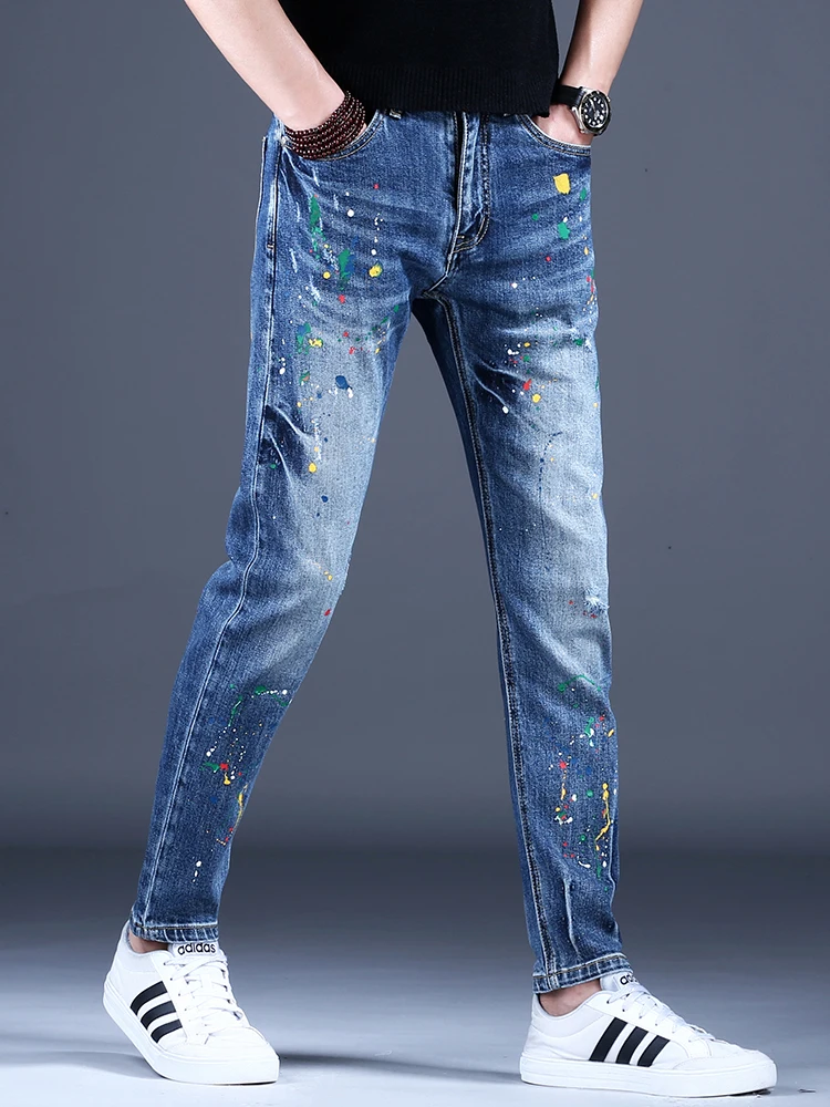 Summer Dots Printed Blue Ripped Jeans Men Casual Slim Fit Pencil Pants Streetwear Lightweight Denim Trousers