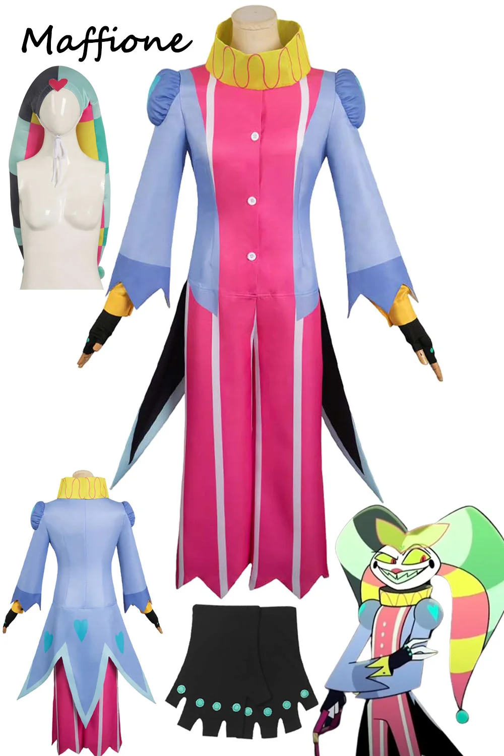 

Fizzarolli Cosplay Clown Costume Cartoon Helluva Cosplay Boss 2 Disguise Hat Jumpsuit Collar Gloves Set Halloween Party Suit