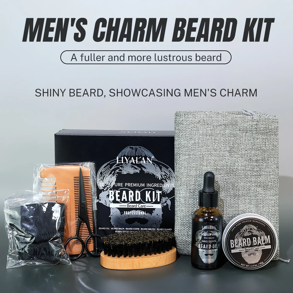 7pcs/sets Men Beard Kit Beard Promote Enhancer Thicker Mustache Grooming Beard Care Oil Moisturizer Wax Balm with Comb Scissor - Image 2