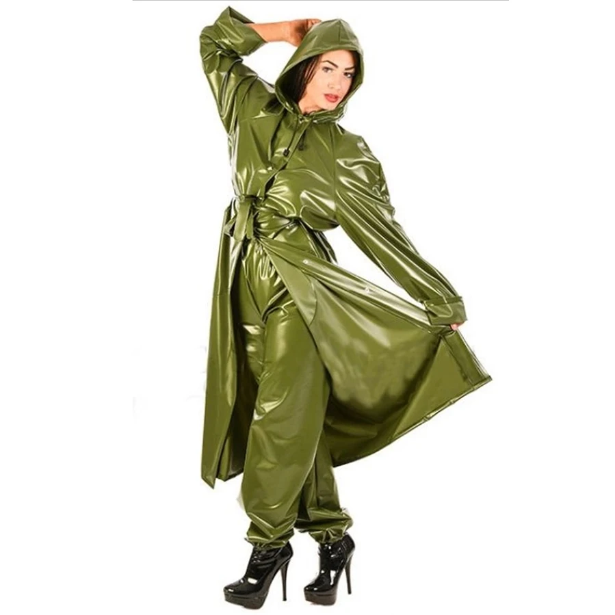 Natürliche Gummi Latex Männer Frauen Armee Grün Lange Windjacke Wind Mantel Hosen mit Kappe Äußere Bekleidungs Handgemachte Kostüme S-LSW037