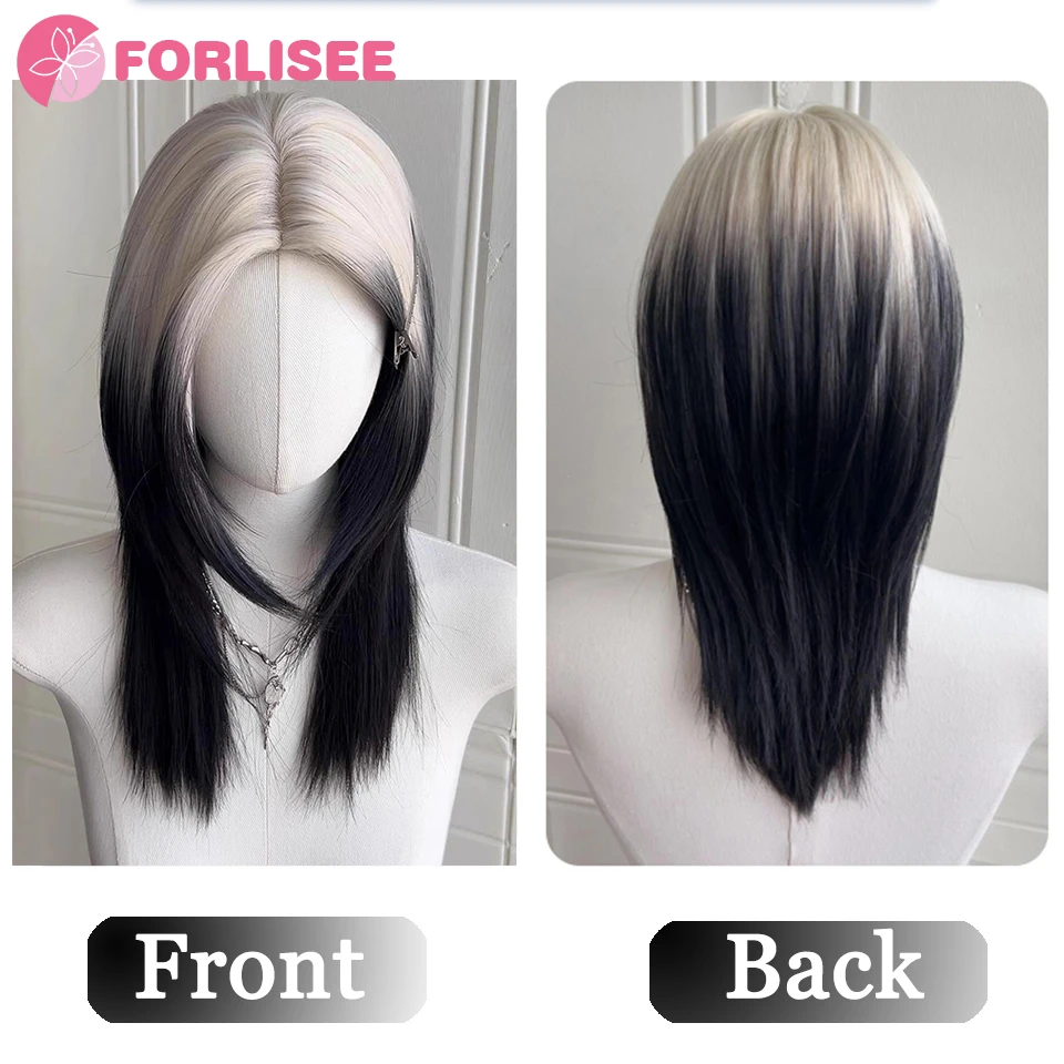 FORLISEE 20 Inch Black And White Mullet Head Wig Synthetic