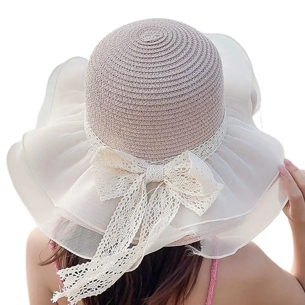 Baby Girl Sun Hat Strap Breathable Cotton-Linen Wide Brim Beach Hat Lace Bow Ruffle Trim Summer Outdoor