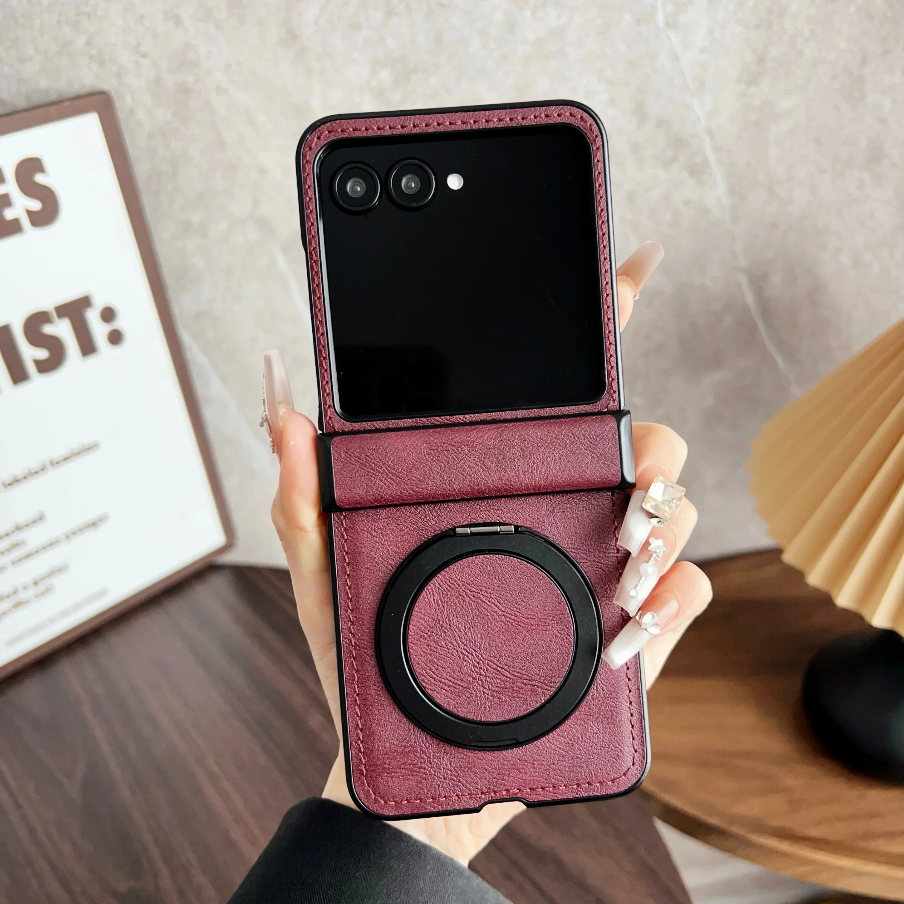 Elegant Retro PU Leather Phone Case with Rotatable Holder and Anti-Drop Back Cover