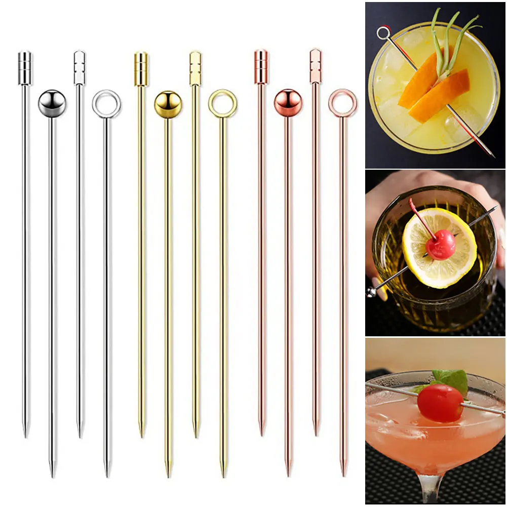 Bar Tools 3pcs Stainless Steel Cocktail Wine Needle Picks Reusable Metal Cocktail Skewers Olives Appetizers