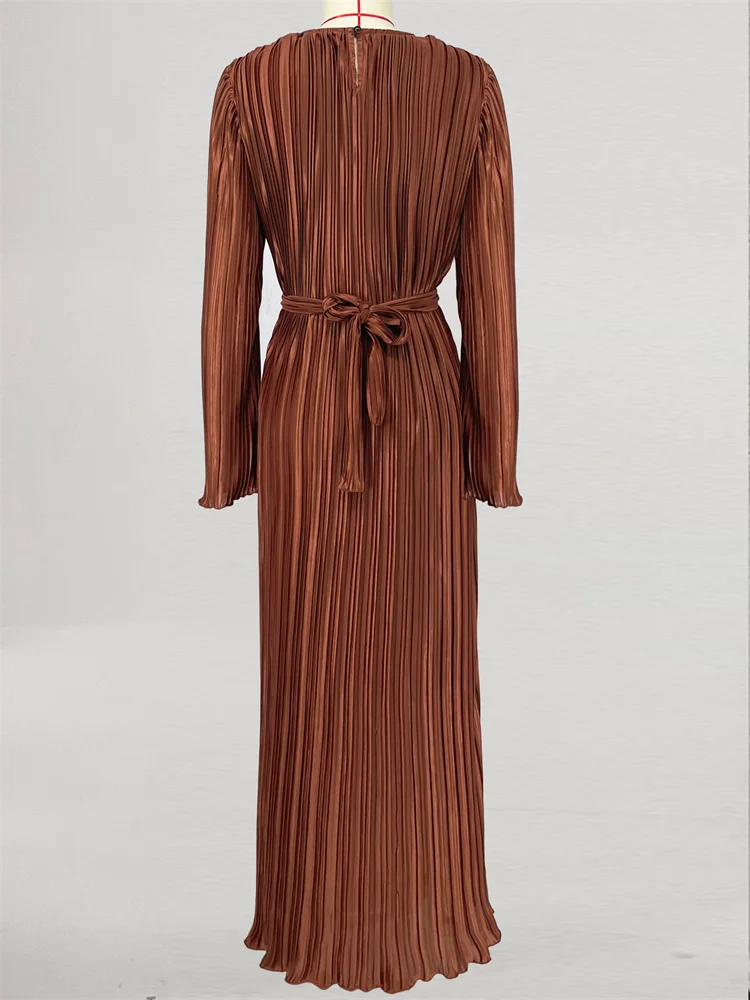 Vestido largo acanalado con volantes y cordones para mujer, manga larga, cintura alta, elegante, para fiesta, otoño, estilo vendaje
