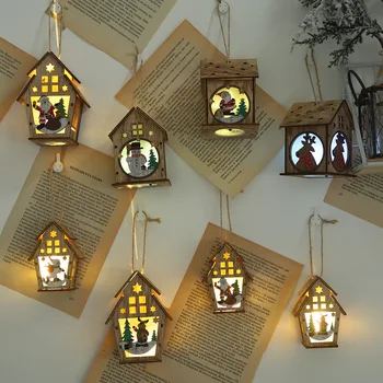 Christmas LED Light Wood House Cute Tree Hanging Pendant Window Decoration Ornaments Children's Handmade DIY Gift 2