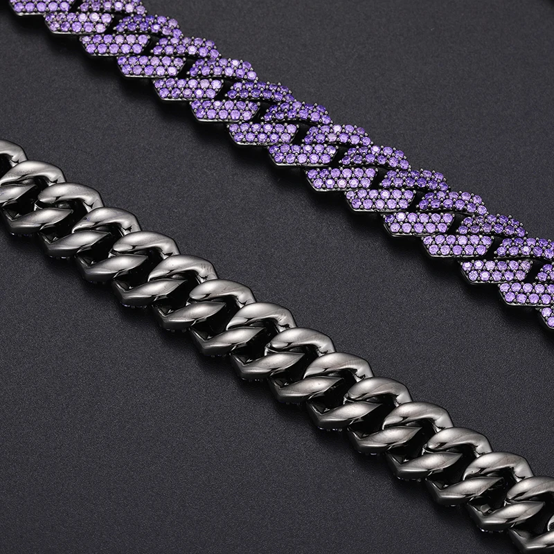 【BLACKPURPLE】Square Crystal Cuban Chain Necklace Woman New 5A Purple CZ Stone 14mm Cuban Link Chains Black Plated