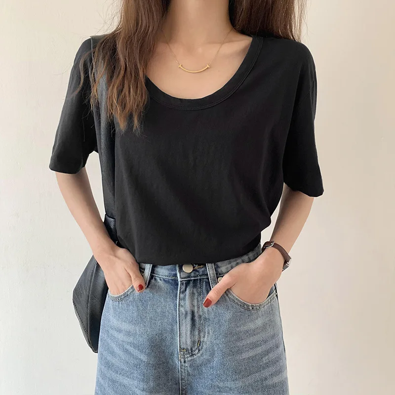 

MRMT 2024 Новая женская белая футболка с большим вырезом, простой и натуральный хлопковый топ с коротким рукавом и U-образным вырезом для женщин