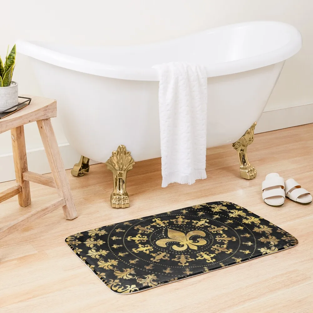 

Fleur-de-lis - circular ornament - Gold and black Bath Mat Carpet For Bath Anti-Skid Doormat Entrance Door Shower Mats