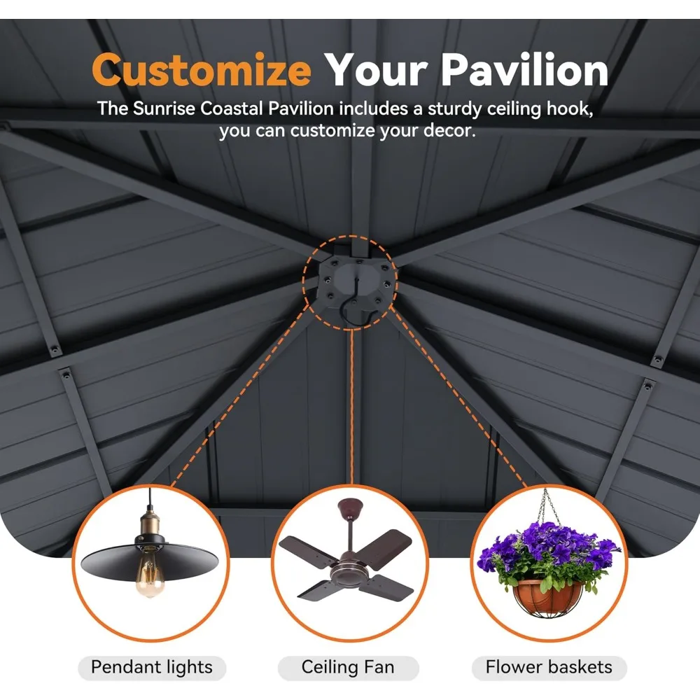 Modern Shade Sunrise Coast Pavilion Pergola Hybrid Gazebo with Adjustable Shade Fabric, Hardtop Roof with Privacy Curtai 6