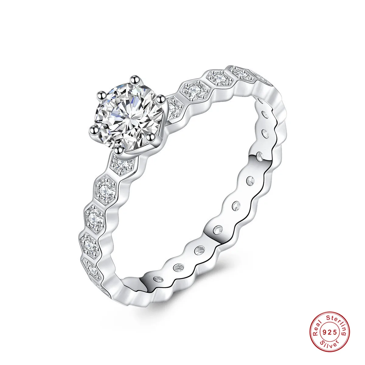 

925 Silver Ring Prong Hexagonal Honeycomb Zircon Rings Women's Engagement Jewelry