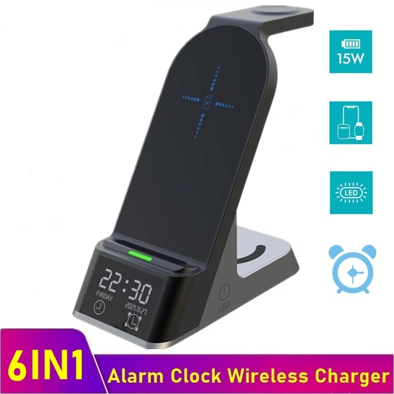 15W Alarm Clock Qi Wireless Charger For Iphone XS 8 11 12 13 Pro Max Wireless Charging Station For Apple Watch Airpods 6 5 4 3 2 quick charge usb c