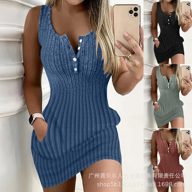 

Pocket Ribbed Bodycon Dress Women Dress Sexy Mini Dresses Club Slim Elegant Splice Round Neck Sleeveless Y2k Sheath Vestidos